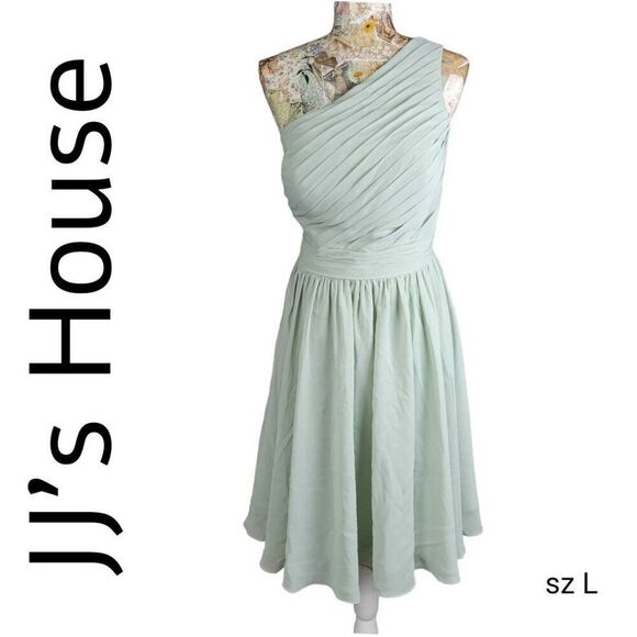 Cocktail Dress One Shoulder Light Green Chiffon Knee Length Special Occasion - Picture 4 of 11